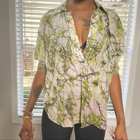 Revolve Fifteen Twenty Silk pajama style Sheer Natural Print Top Small - Picture 2 of 16